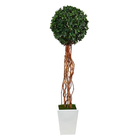 5ft. English Ivy Single Ball Artificial Topiary Tree in White Metal Planter UV Resistant (Indoor/Outdoor)